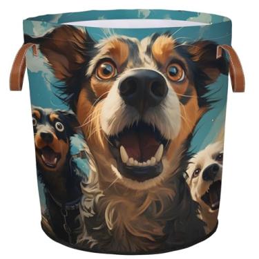 Imagem de Mozaigos Cesto de roupa suja Dogs in Surprise azul impermeável cesto dobrável com alças pano oxford bolsa de roupas sujas para banheiro, quarto, sala de estar