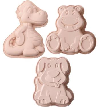 Imagem de Hyoocct 3 pacotes T-Rex, Dod, forma de bolo de silicone em forma de sapo, molde antiaderente para eventos temáticos de zoológico e festas de aniversário (rosa)