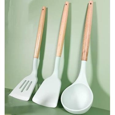 Imagem de Colher de concha de silicone com cabo de madeira, utensílios de cozinha antiaderentes grandes resistentes ao calor para cozinhar, mexer, servir sopas