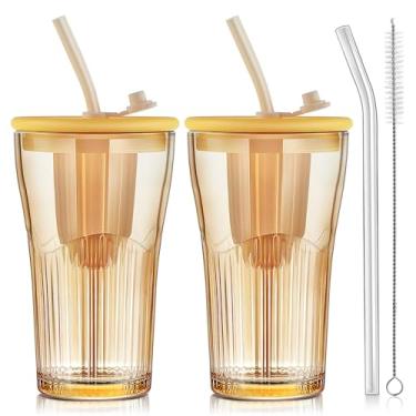 Imagem de Joeyan Copo de vidro âmbar com canudos e tampas, xícaras de café gelado com nervuras com infusor de chá, copos para suco de água, bebidas e refrigerantes, conjunto de 61 g, pode ser lavado na
