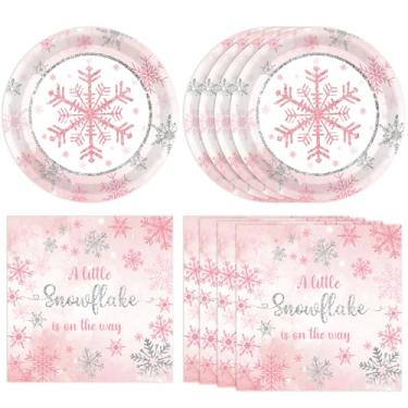 Imagem de KHAIVI 40 peças de decorações de festa de aniversário de floco de neve rosa de inverno Onederland descartáveis, decoração de prato de floco de neve, guardanapo para decoração de Natal, inverno, festa,