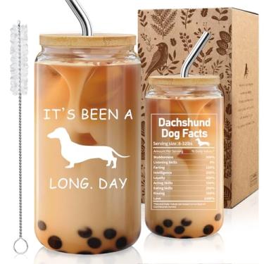Imagem de MOREYUYEE Copo de vidro Dachshund presentes para mulheres, mãe de cachorro - It's Been A Long Day, presentes para amantes de cães Weiner, engraçado Dachshund aniversário Natal copo de café com tampa e
