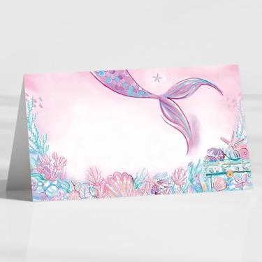 Imagem de Pacote com 120 cartões de visita de festa de sereia, cartões dobráveis de 8,9 cm x 5 cm para barraca de mesa, etiquetas de alimentos para chá de bebê sob o mar, festas de aniversário, recepção, mesas