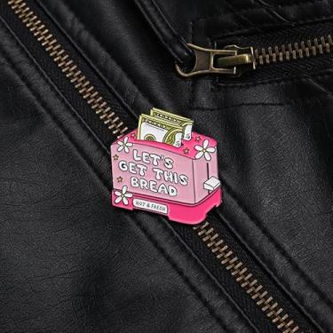 Imagem de Broche esmaltado de torradeira rosa fofo com notas de dólar, alfinete de lapela com tema de comida extravagante para amantes de pão, acessório engraçado inspirado em finanças para mochilas, jaquetas