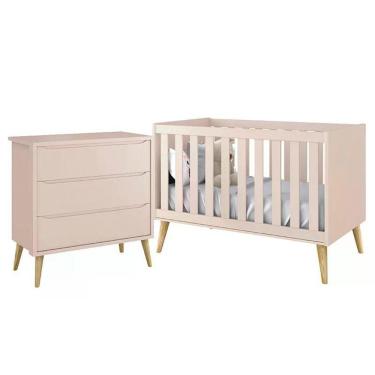 Imagem de Jogo De Quarto Infantil Theo Cômoda 3 Gavetas E Berço Rosa Fosco Com Pés Madeira Natural - Reller Móveis Rosa Fosco