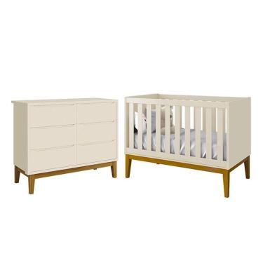 Imagem de Jogo De Quarto Infantil Classic Cômoda 6 Gavetas E Berço Areia Fosco Com Pés Amadeirado - Reller Móveis Areia Fosco