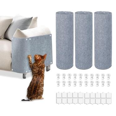 Imagem de 3 peças de tapete para arranhar gatos, 100 x 30 cm, tapete autoadesivo para arranhar gatos, protetor de sofá de garra de gatos, protetor de móveis internos para arranhões de gatos (cinza claro)