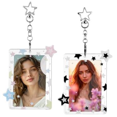 Imagem de 2 porta-cartões de foto estrela, porta-cartões portátil, capa protetora rígida, suporte de cartão de foto fofo de acrílico, capa transparente fofa para concertos de 7 cm com pingente de estrela para