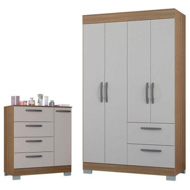 Imagem de Cômoda 868 4 Gavetas E 1 Porta Com Guarda Roupa Solteiro Tóquio 4 Portas Castanho Off White - Poquema