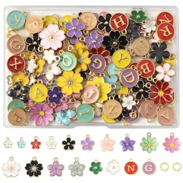 Imagem de MakemadeDIY 132 peças de pingentes coloridos de letras de flores fofas com 200 peças de anéis de salto abertos de latão para fabricação de joias, pingentes de metal esmaltado, colares, pulseiras