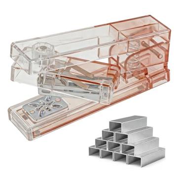 Imagem de Grampeador compacto de mesa de escritório giratório de 360° com 400 grampos padrão de 2,5 cm, grampeador transparente de braço oscilante pequeno para capacidade de 25 folhas, livreto, documento