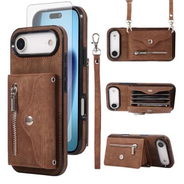 Imagem de Capa de telefone para iPhone 17 Air 6,6 polegadas capa carteira e protetor de tela de vidro temperado com alça transversal de pulso cordão suporte de cartão de crédito suporte celular couro i Phone17