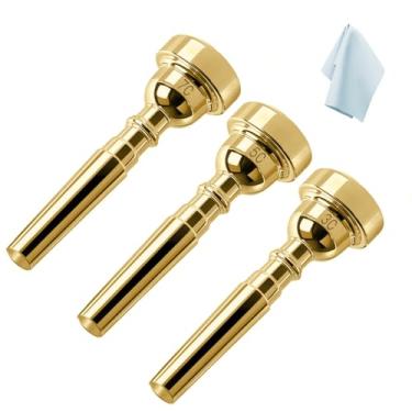 Imagem de Kuylive Conjunto de bocal de trompete 3C 5C 7C com pano de limpeza, bocal trompeta para iniciantes e profissionais, pacote com 3 acessórios de trompete (dourado)