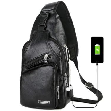 Imagem de Bolsa de Peito Poliuretano Transversal Masculina Couro PU com Buraco para Cabo Fone Ouvido e Interface USB Alça Nylon Mochila Pequena Escola Negócios Viagens Trabalho Funcional Homens Pai Dia dos Pais