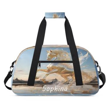 Imagem de Bolsa esportiva personalizada com cavalo animal moderno com nome, bolsa noturna personalizada, bolsa de fim de semana, bolsa de treino para dança, balé, academia, ginástica, mala, viagem, presente