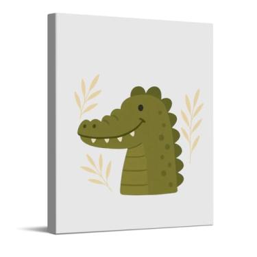 Imagem de Impressão artística de ilustração de crocodilo verde fofo, arte de parede em tela de berçário de safári, decoração de parede de animal de bebê para quarto de bebê, presentes para meninos e meninas