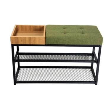 Imagem de SAPATEIRA ORGANIZADORA COM TELA 80CM ASSENTO ESTOFADO LUXO CAPITONE COM CAIXA APARADOR(Estrutura Preta/Assento Verde)