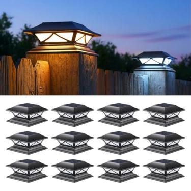 Imagem de PASAMIC Pacote com 12 lâmpadas solares de poste de poste para uso externo, à prova d'água com 2 modos de cor, deck IP44 alimentado por energia solar para 10 x 12 cm, 12 x 15, 15 x 15 cm, postes de