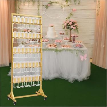 Imagem de HUAGHEE Suporte de parede de champanhe para festa de até 80 xícaras, suporte móvel de taça de champanhe de 5 camadas, suporte de parede de champanhe de metal, parede de bebida para casamento