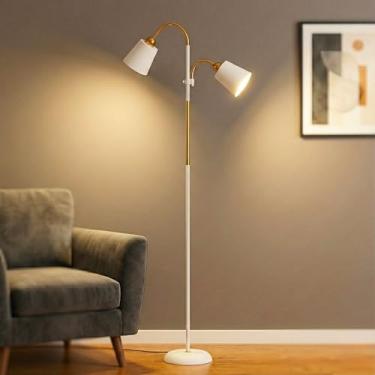 Imagem de Luminária de Chão Articulada 360° com Abajur Duplo – Abajur para Quarto, Sala ou Manicure, Altura 1,75 m, Iluminação Suave para Leitura, Soquete E27 Bivolt – Luminária de Chão com Base (Branco)