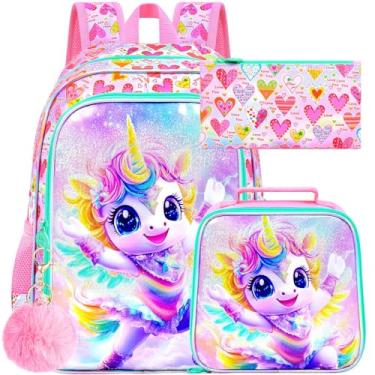 Imagem de ZLYERT Mochila de unicórnio de 40,6 cm para meninas, 3 peças, mochilas escolares infantis com lancheira, mochila de balé para pré-escola primária e jardim de infância (rosa)