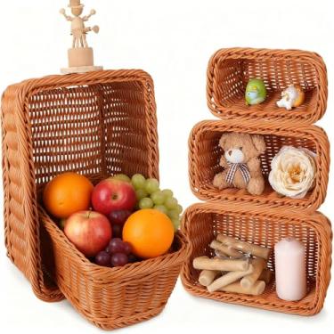 Imagem de Jingmore Pacote com 5 cestas retangulares de frutas de vime de vime poli bandejas retangulares de exibição de vime para pão, comida, legumes, lanches, restaurante, organização doméstica