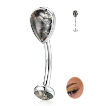 Imagem de GAGABODY Piercing de sobrancelha G23 titânio sobrancelha joia barra curva prata forma gota d'água 8 mm 16g torre daith brincos musgo ágata lábio anel