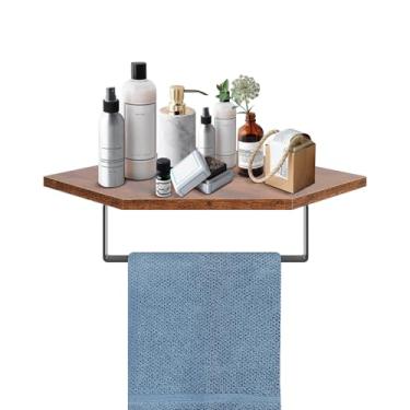 Imagem de Winmien Suporte de toalha de mão/anel de toalha com prateleira de madeira, toalheiro de mão, cabide de toalha de mão para banheiro, acessórios de banho de canto montados na parede (polígono, 21 cm