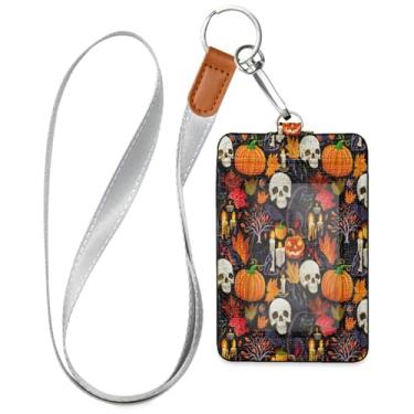 Imagem de Wassud Skulls Pumpkins Porta-crachá de couro PU com cordão, porta-cartão de identificação para trabalho, cordão de pescoço com compartimentos para cartões de crédito, funcionários, estudantes, 39,9 cm
