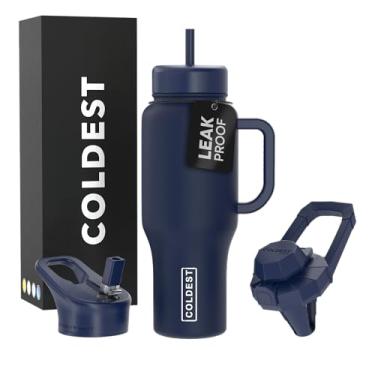 Imagem de Copo Coldest com alça e canudo - Copo isolado 100% à prova de vazamento com tampa e canudo (3 tampas) - Copos de aço inoxidável para mulheres e homens - Base compatível com porta-copos, 1,020 g