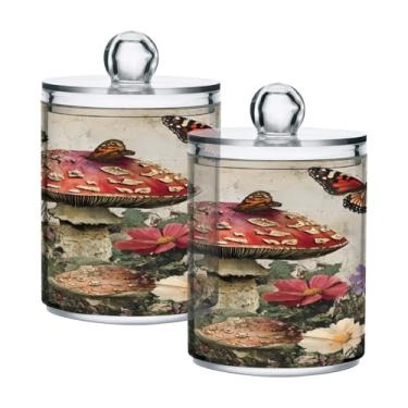 Imagem de STAYTOP 2 frascos de boticário de cogumelos selvagens Qtip para banheiro com etiquetas - recipiente de armazenamento Qtip de plástico transparente para bola de algodão, cotonete, grão de café