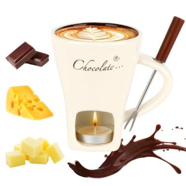 Imagem de Caneca de fondue de chocolate com garfos, xícara de fondue doce de derretimento de chocolate pessoal de cerâmica para queijo, caneca de fondue de coração para encontro à noite, aniversário, presentes