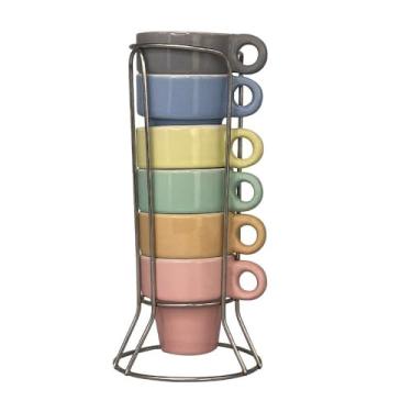 Imagem de Jogo de Xícaras de Café com Suporte, 6 Canecas Coloridas, Cerâmica e Aço Inox, 50ml, Kit com Suporte Organizador
