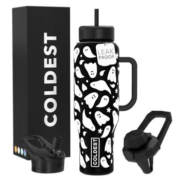 Imagem de Copo Coldest com alça e canudo - Copo isolado 100% à prova de vazamento com tampa e canudo (3 tampas) - Copos de aço inoxidável para mulheres e homens - Base compatível com porta-copos, 1,304 g