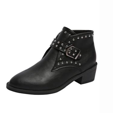 Imagem de Botas femininas de salto grosso com bico fino e detalhe de fivela para uso casual em ambientes externos e internos, Preto, 35