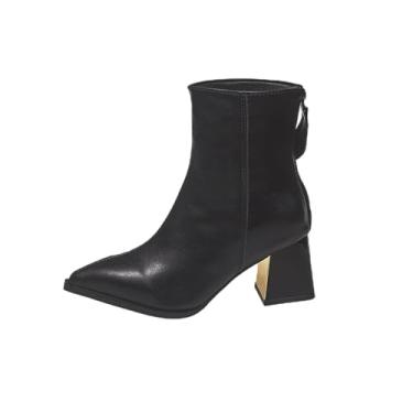Imagem de Botas femininas de cano curto, bico fino, salto metálico, zíper nas costas, confortável, Preto, 38