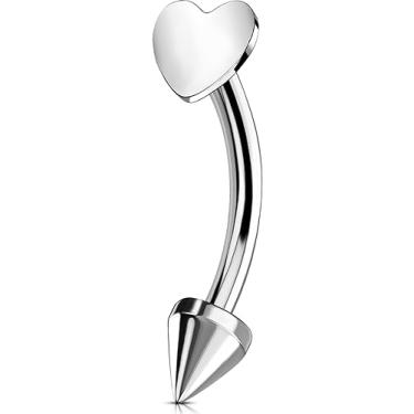 Imagem de OUFER Joias de piercing de torre, anéis de sobrancelha de titânio sólido G23, joia de lábio labret vertical de coração, halteres curvados 16G, brincos Daith Rook para mulheres e homens, 16g 6mm, Metal