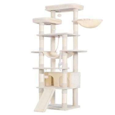 Imagem de Heybly Árvore de gato alta, torre de vários níveis para gatos de 198 cm, 2 poleiros de pelúcia alargados, condomínio para gatos com tábua de arranhar e cavernas grandes, bege HCT033M