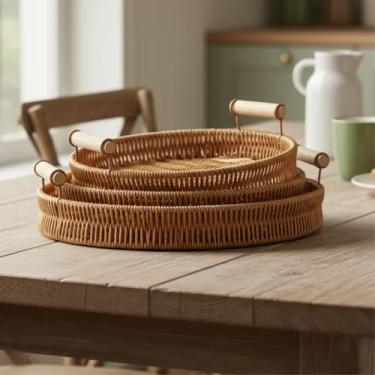 Imagem de Kit 3 Cesta Bandeja De Vime Pão Café Da Manhã Decorativo Vime