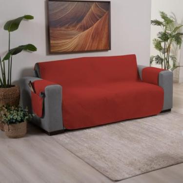Imagem de Protetor Capa de Sofá 2 3 e 4 Lugares Com Bolso Porta Objetos Matelado 170 Fios Resistente (Vermelho,3 Lugares (Assento 1,50m))