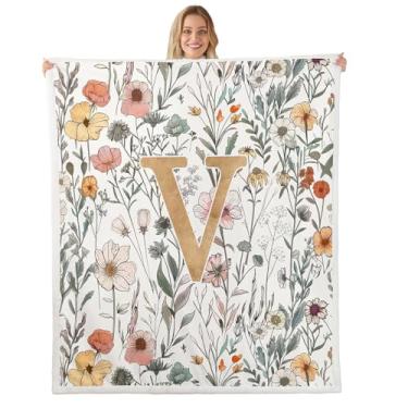 Imagem de jejeloiu Cobertor de lã com inicial em V dourado com flores de íris florescendo, cobertor de sherpa para crianças, mulheres, homens, pelúcia, estampa floral, 127 x 152 cm, para cama, sofá, cadeira