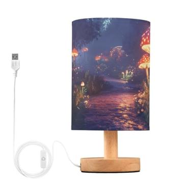 Imagem de Joisal Luminária de leitura de mesa de cabeceira com cogumelos místicos da floresta, candeeiros de mesa lateral com abajur de linho para quartos, móveis de quarto