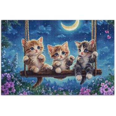Imagem de Quebra-cabeça de gatos florais fofos personalizados 1000 peças para adultos presentes de elefante branco quebra-cabeças grandes engraçados arte de pintura de animais, 75 x 40 cm