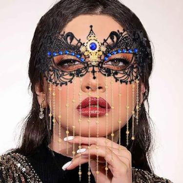 Imagem de Tgirls Máscara De Baile Strass Com Borlas, Contas Renda, Facial Cristal, Festa À Fantasia, Olhos (Azul)