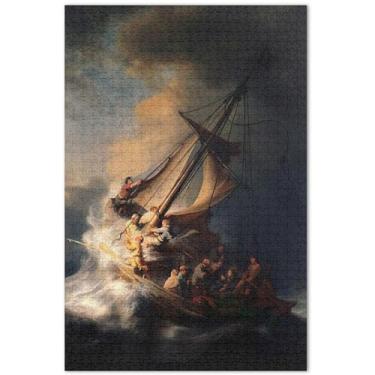 Imagem de Rembrandt Prints Quebra-cabeça tempestade mar galiléia 1000 peças presentes de festa elefante branco adulto arte arte brinquedo pintura, 75 x 40 centímetros