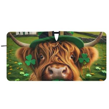 Imagem de Guarda-sol de carro engraçado Highland Cow St Patricks para para-brisa protetor solar dobrável para para-brisa dianteiro de carro impressões de animais, 81 cm x 157 cm