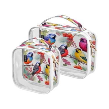 Imagem de GAIGEO Conjunto de sacolas de higiene pessoal transparentes de Natal com estrelas e árvores, bolsa transparente com zíper, bolsas de acessórios de viagem, pacote com 2, Pássaros coloridos - 1, one