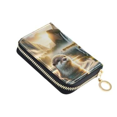 Imagem de Carteira feminina Peaceful Otter Mountain Lake Sunset de couro, porta-cartões de crédito, bloqueio de RFID, divertida carteira masculina com bolso para moedas