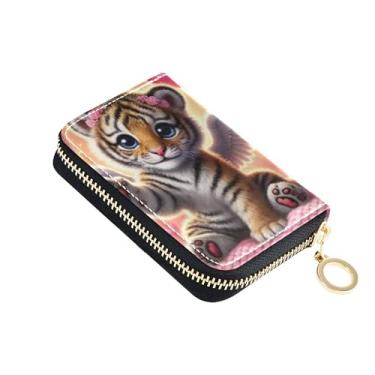 Imagem de Carteira feminina fofa de animal rosa tigre com zíper e bloqueio de RFID, porta-cartão de crédito colorido com zíper e chaveiro
