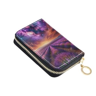 Imagem de GAIGEO Carteiras femininas engraçadas, pequenas carteiras de cartão de crédito, bloqueio de RFID, campos de lavanda sob o céu cósmico bolsa de troca com chaveiro